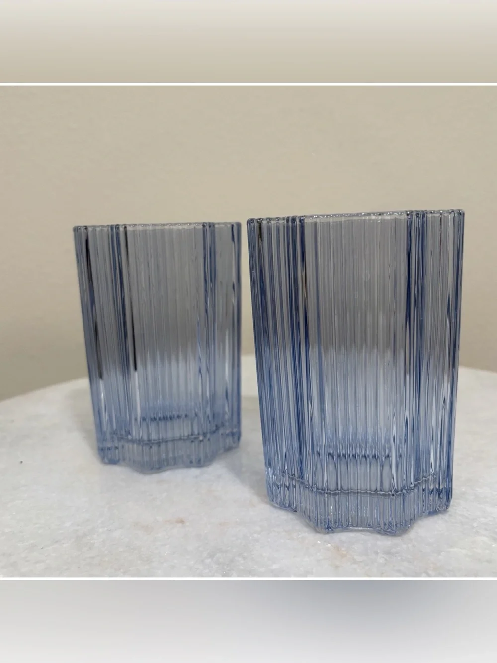 Glass Hause Set of 2 Ribbed Floral Shape Glasses 12 oz Blue
